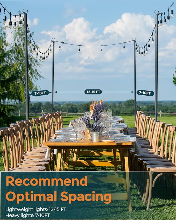 LAND·VOI Metal String Light Poles for Outside Hanging - Backyard, Garden, Patio, 4 Pack Lighting Stand with Adjustable Height for Outdoor Parties, Wedding, Extra-Long 5-Prong Claws, (9.6FT) FLP04B