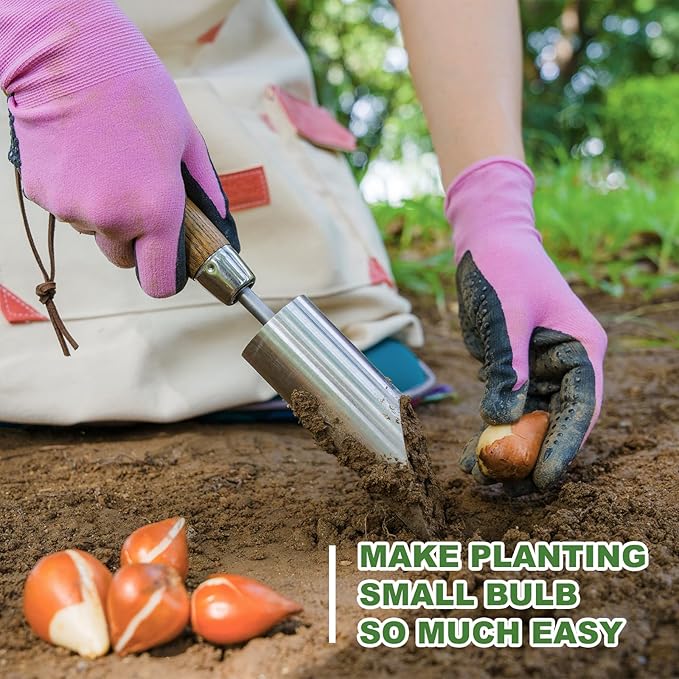 Small Bulb Planter Tool, Sharp Edge Bulb Planter for Breaking Through Soil, Heavy Duty Stainless Steel Bulb Planter Tool, Small Bulb Digger with Comfortable Grip Wood Handle for Seed Planting