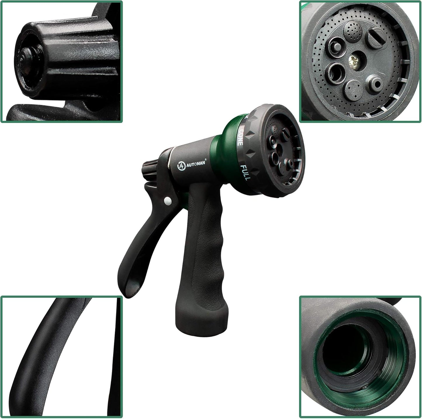 AUTOMAN-Garden-Hose-Nozzle, ABS Water Spray Nozzle with 7 Adjustable Watering Patterns, Slip Resistant for Watering Plants, Lawn& Garden, Washing Cars, Cleaning, Showering Pets & Outdoor Fun.