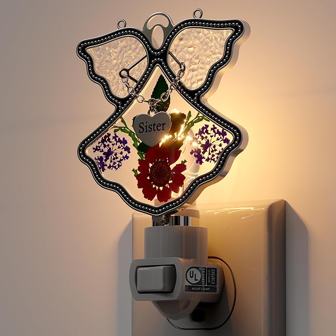 KY&BOSAM Angel Sister Night Light Flower in Glass with Metal Trim Sister Heart Night Light Nursery Bedroom Bathroom Decorative Accent Lite Elegant Home Decoration, Guardian Butte