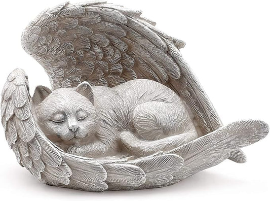 Sleeping Cat Within Angel Wings 8.5 x 5.5 Resin Stone Pet Memorial Figurine, Concrete Grey
