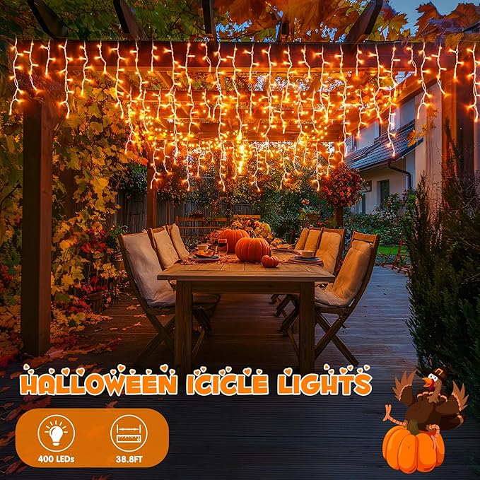 JMEXSUSS Orange Lights for Thanksgiving, 400 LED Orange Icicle Lights Outdoor, 8 Modes Orange Lights with 80 Drops Thanksgiving String Lights Plug in for Fireplace Indoor House Roof Outdoor Holiday
