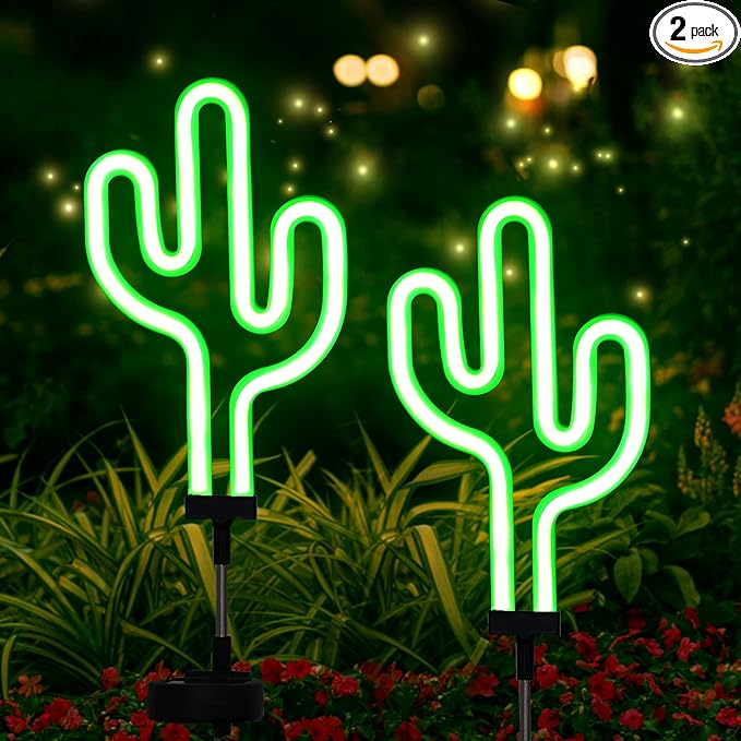 SunKite Cactus Solar Garden Stake Lights - Outdoor Waterproof Neon Lights for Garden, Yard, Lawn, Pathway, Patio, Backyard (2 Pack)