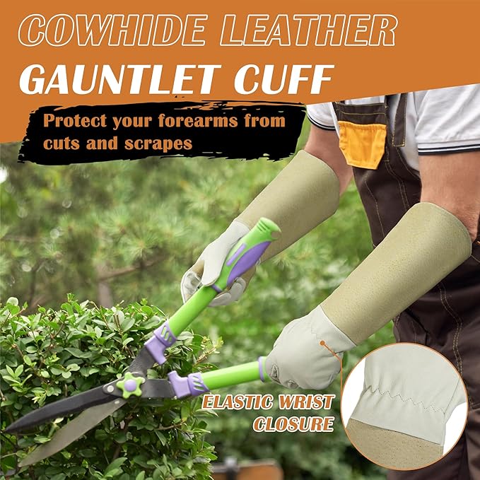 HANDLANDY Pruning Gloves Long for Men & Women, Pigskin Leather Rose Gardening Gloves- Breathable & Durability Gauntlet Gloves Medium