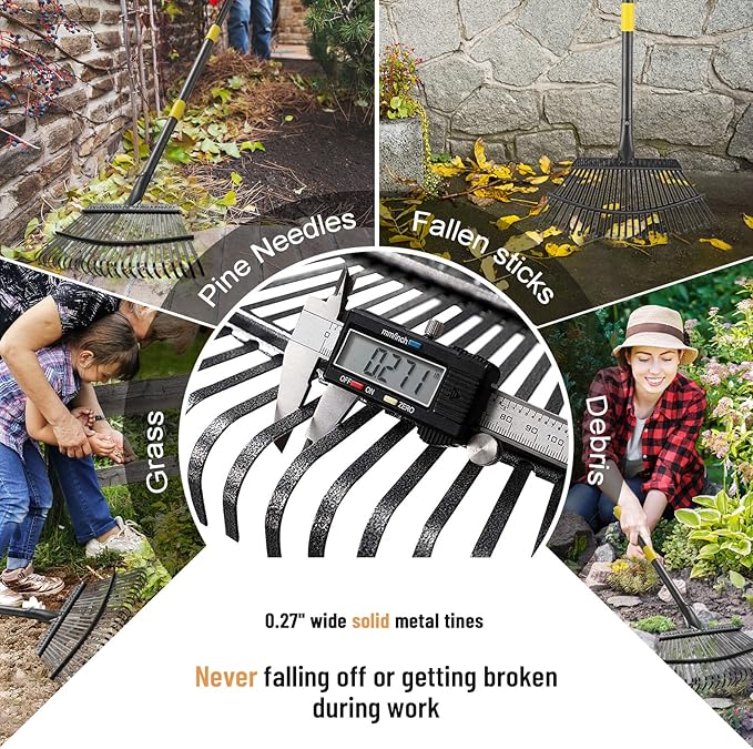 Garden Rake - Large Leaves Rakes for Gardening - 25 Metal Tines 18" Wide - 78" Long Handle Leaf Rakes for Lawns Heavy Duty for Yard Lawn Shrub Garden Beds