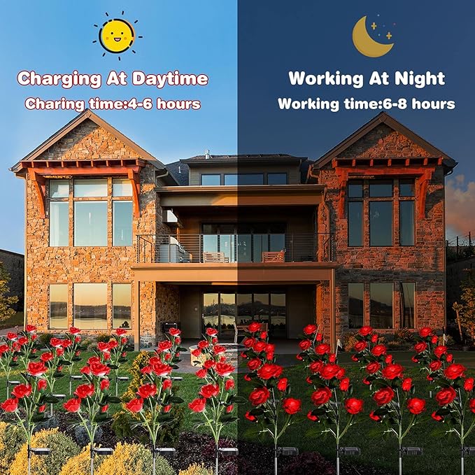 4 Pack Outdoor Solar Flower Lights Waterproof Garden Decorative Lights Outside Solar Powered Pathway Lights with 20 Realistic Rose Flowers for Yard Lawn Pathway Backyard Decor(Red)