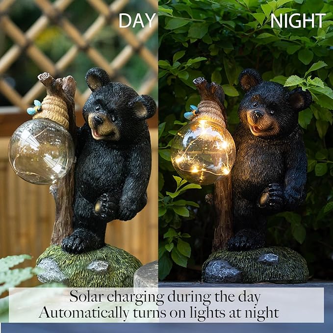 Garden Statues Bear Decor Light,Solar Bear Statue Ourdoor Statue,Animal Garden Decor,Funny Figurine Decor,Outdoor Decor for Patio,Porch,Balcony,Yard,Lawn