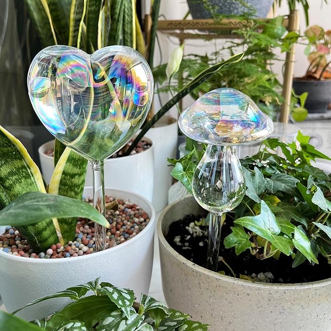 Kingbuy Self Watering Globes Hand Blown Glass Plant Watering Bulbs Colorful Mushroom Automatic Drippers Irrigation Devices for Indoor Outdoor Plants, 4 Pack