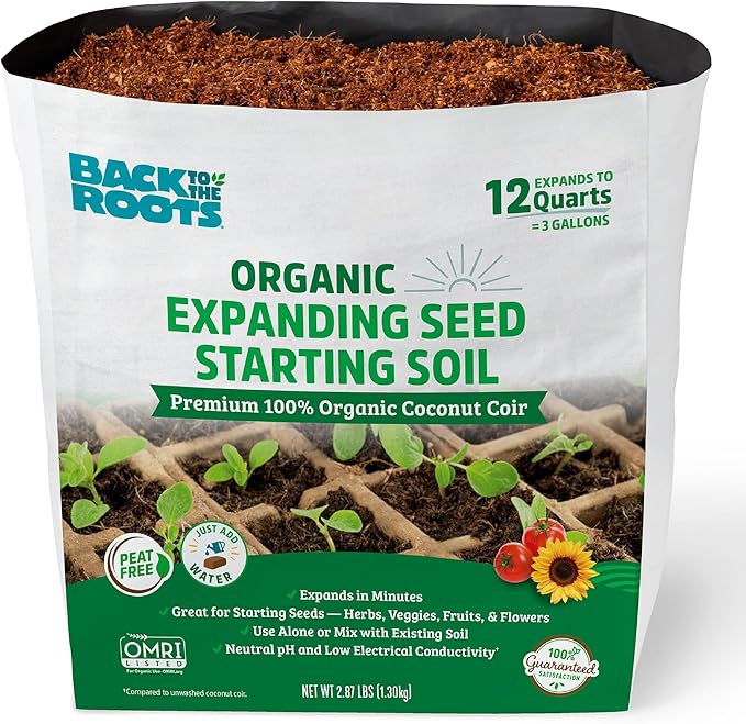 Back to the Roots Organic Seed Starting, Compressed Block expands to 12 Quarts, Made for Herbs, Veggies, Flowers