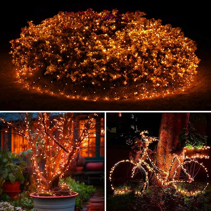 kolpop Orange Solar Fairy Lights Outdoor Waterproof, 3 Pack 33FT 80LED Solar Powered String Light, 8 Modes Copper Wire Solar Twinkle Lighting for Halloween Tree Garden Yard Outside