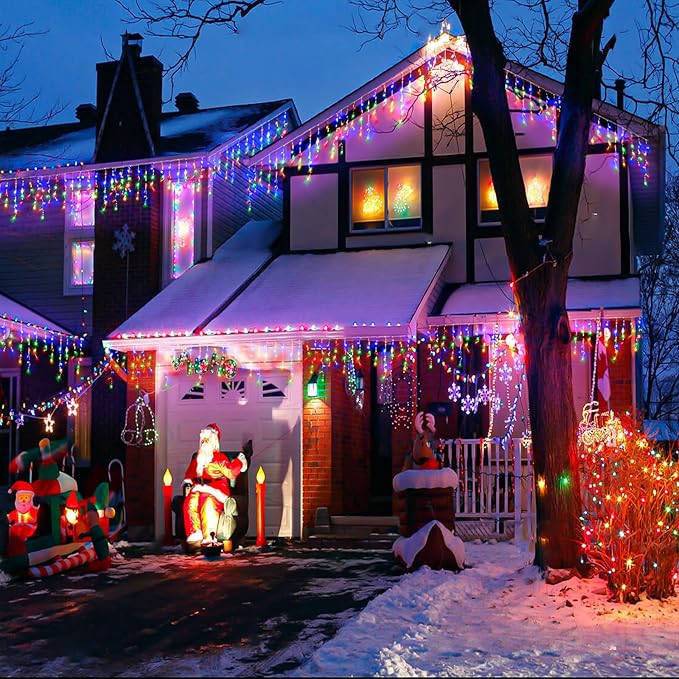 132 ft Christmas Lights -1280 LED Icicle Lights Outdoor with 240 Drops Hanging String Lights, 8 Modes Plug in Waterproof Timer Memory for Holiday Wedding Party Window Garden Decoration (Multicolor)