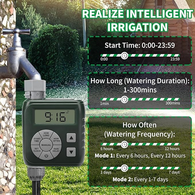 Sprinkler Timer, Zuomeng Water Timer for Garden Hose with Dual Power Design, Professional Anti-Leak Technology, Smart Irrigation with Rain Delay, Automatic/Manual Mode for Efficient Watering, Green