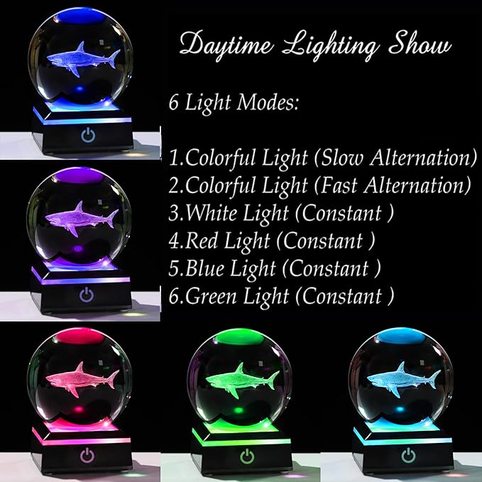Shark Gifts for Women Men 3D Crystal Ball 3.14'' - Laser Shark Decor Glass Animals Figurines Statue Stuff for Room Night Light Shark Gifts for Mom