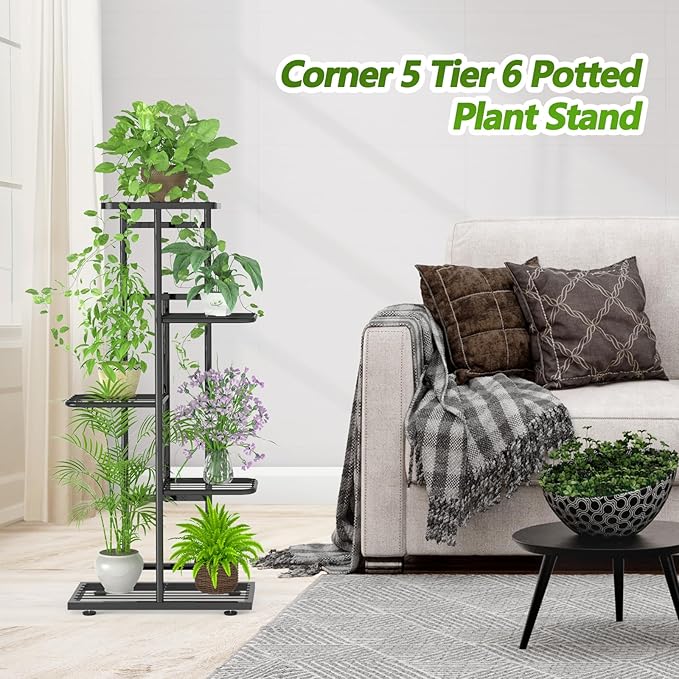 5 Tier 6 Potted Plant Stand Indoor with Gardening Tools and Gloves, Upgraded Corner Tall Metal Plant Shelf Organizer Outdoor, Multiple Flower Pot Holder Display Rack (5 -Tier Black)
