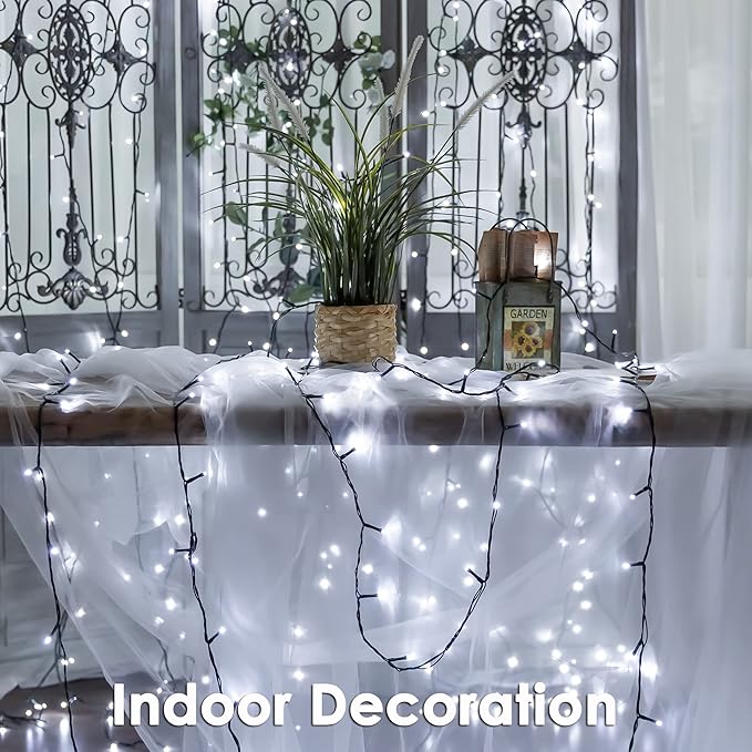 Christmas Tree Light 200 LEDs 73ft Green Cable Wire Fairy String Twinkle Lights Plug in 12 Modes for Xmas Party, Outdoor, Garden, Wedding, Home Decoration (White)