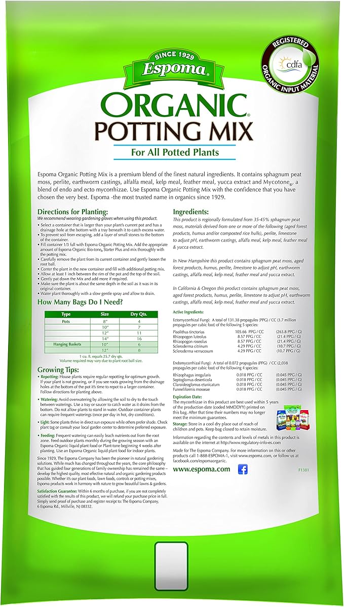 Espoma Organic Potting Soil Mix - All Natural Potting Mix For All Indoor & Outdoor Containers Including Herbs & Vegetables. For Organic Gardening, 2 Cubic Foot bag. Pack of1