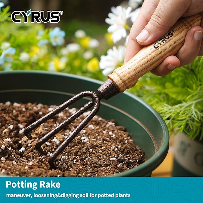 CYRUS Garden Tool Set,3 Piece Garden Shovel,Includes Hand Shovel, Transplanting Shovel and Hand Rake with Ash Wood Handle for Planting, Weeding, Maintaining Lawns and Gardens