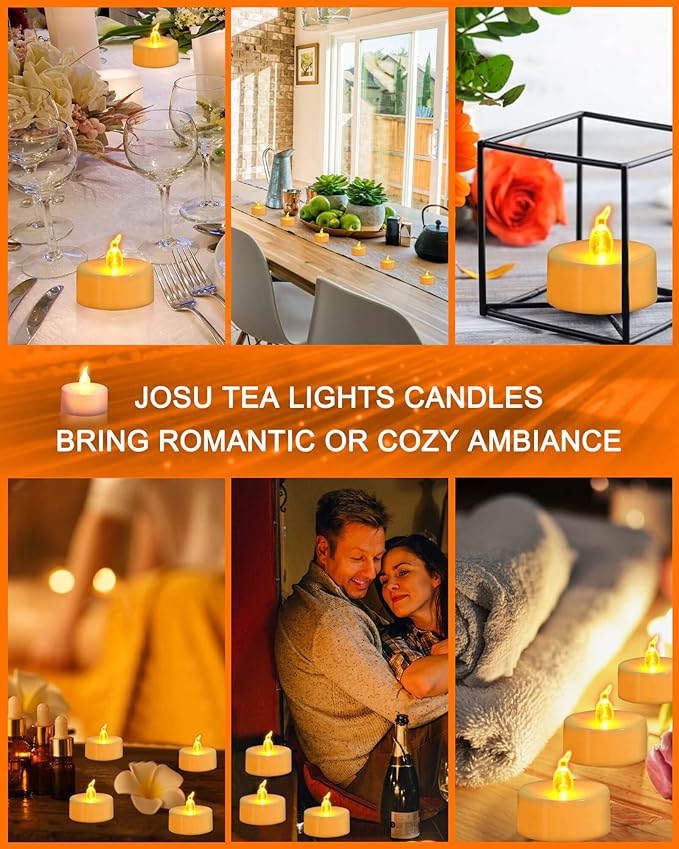 JOSU LED Tea Lights Candles [24 Pack] Flameless Candles, Realistic Battery Operated Candle, Flickering Bright Tealights with Warm Yellow Light for Party, Wedding, Valentine's Day