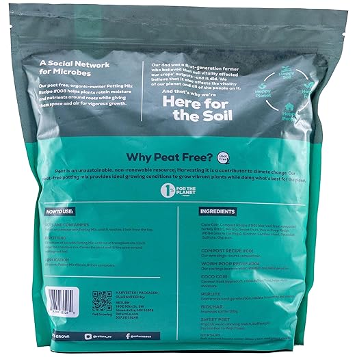 Return Potting Mix #003, 4-QT Pouch, Organic Matter Potting Mix for Indoor Outdoor Potted Plants, Container Gardens, Vegetables - Peat Free, Improve Soil Structure, Retain Plant Moisture, Eco-Friendly