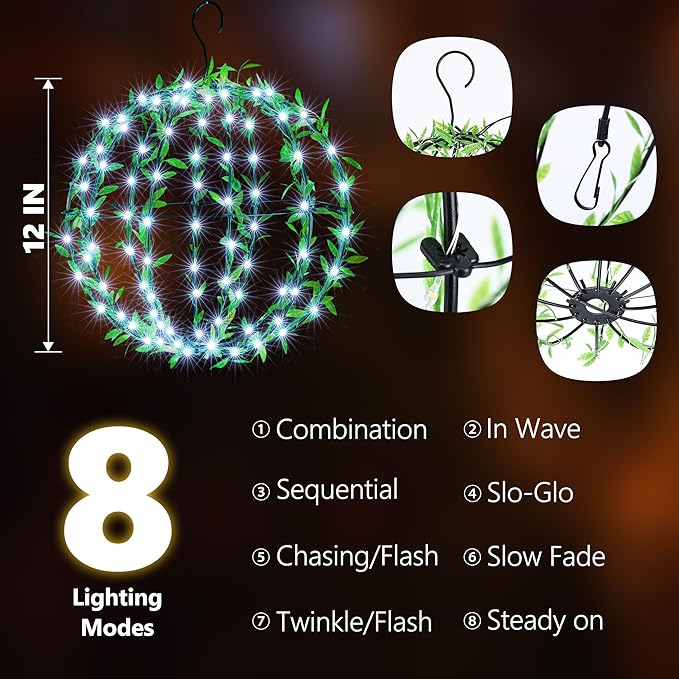 Joomer Solar Hanging Lights Outdoor, 2 Pack 12in 120 LED Solar Globe Lights, 8 Modes Waterproof Foldable Metal Sphere Light with Hook for Garden Yard Porch Decor- White (Ball with Green Leaf)