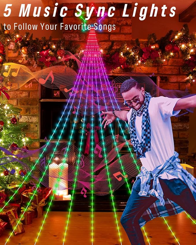 Outdoor Christmas Decorations Lights with Star, Smart DIY Custom Display 11.8Ft 64 Modes Yard Waterfall Tree String Lights, App Control 344LED RGB Color Changing Music Timer for Xmas Tree Lawn Decor