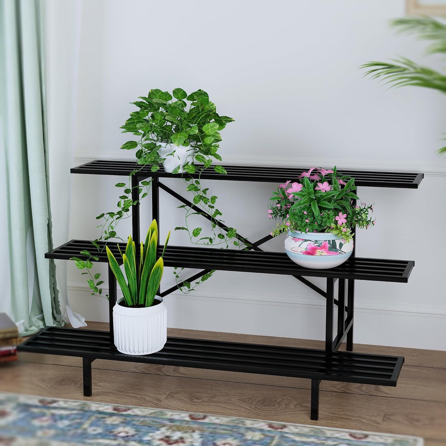 Zhongma 3 Tier Sturdy Metal Plant Stand, L45.67 x W26 x H23.6 inch, Heavy Duty Plant Holder for Home Indoor and Outdoor, 660 LBS Capacity & Heavy Duty Construction