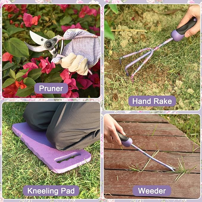 Gardening Tools, WisaKey 10 Piece Heavy Duty Purple Garden Tools Set with Non-Slip Ergonomic Handle, Durable Fashion Garden Tool Organizer HandBag, Ideal Gardening Hand Tools Gardening Gifts for Women