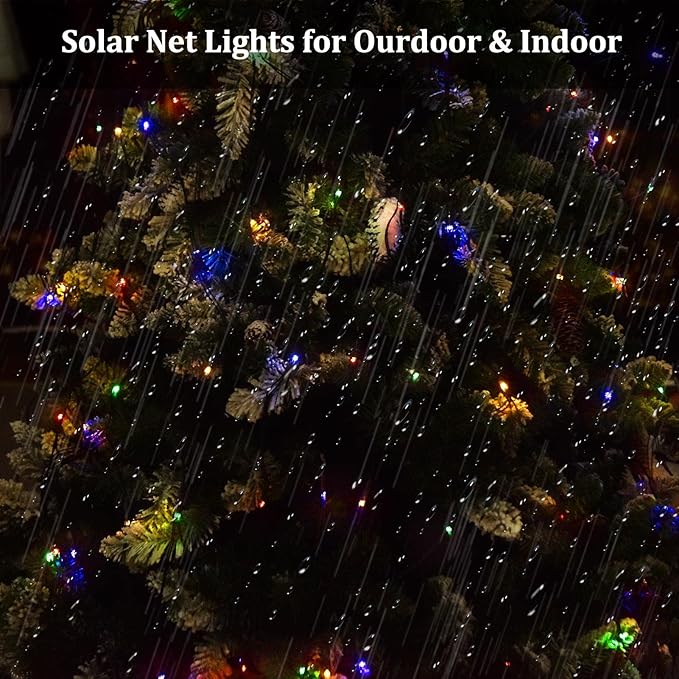 Christmas Net Lights, 204 LED Outdoor Mesh Lights Waterproof, Bush Solar Net Lights with 8-Lighting Modes for Tree Garden Yard Christmas Wedding Party Decoration(Multi-Colored)