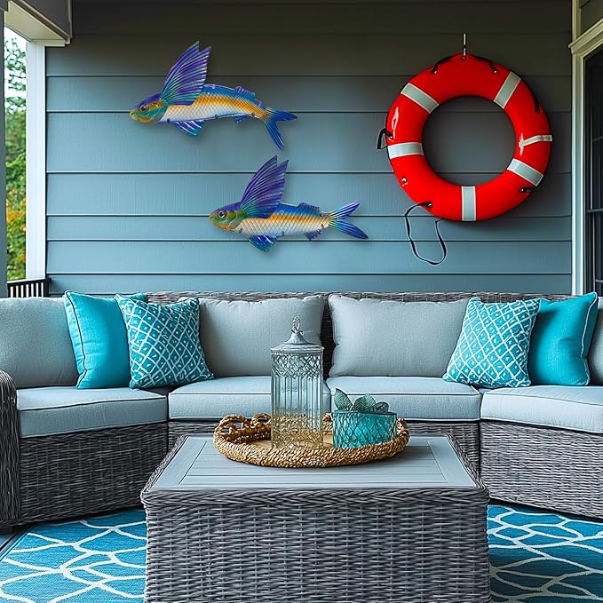 LIFFY Metal Fish Wall Decor -Outdoor Metal Fish Wall Decor - Indoor Art Sculpture - Hanging Decorations for Home, Garden, Bedroom, Sculptures, Ocean, Pool(Flying Fish Set 2,15 inch)
