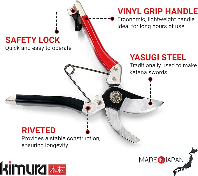 Kimura® 8" Samurai Garden Pruning Shears, [Made in Japan], Heavy Duty Premium Japanese Yasugi Steel Blades, Non-Slip Vinyl Coated Handles, Ergonomic, Japanese Bypass Pruning Shears