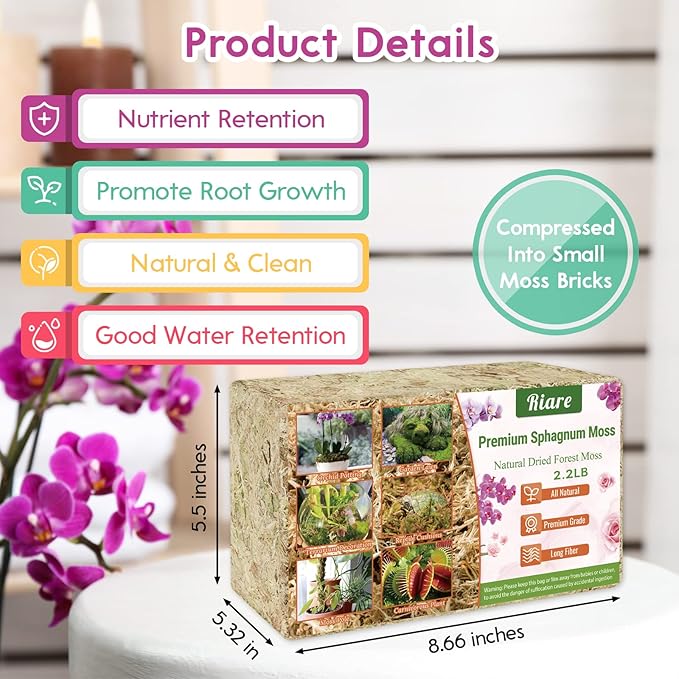 Riare 2.2 LBS Premium Sphagnum Moss for Plants- Natural Long Fibered Sphagnum Peat Moss Plants Moss Dried, Carnivorous Plants Moss Orchid Potting Mix for Orchids,Carnivorous Plants,Succulent(40QT)