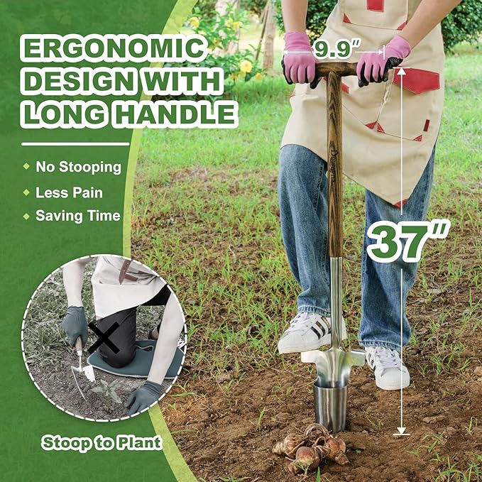 Long Handled Bulb Planter Tool, 37'' Bend-Proof Stainless Steel Bulb Planter, 4'' Depth Mark Long Handled Hole Digger, Bulb Planter with Comfortable T-Shape Long Wood Handle for Planting Tulip