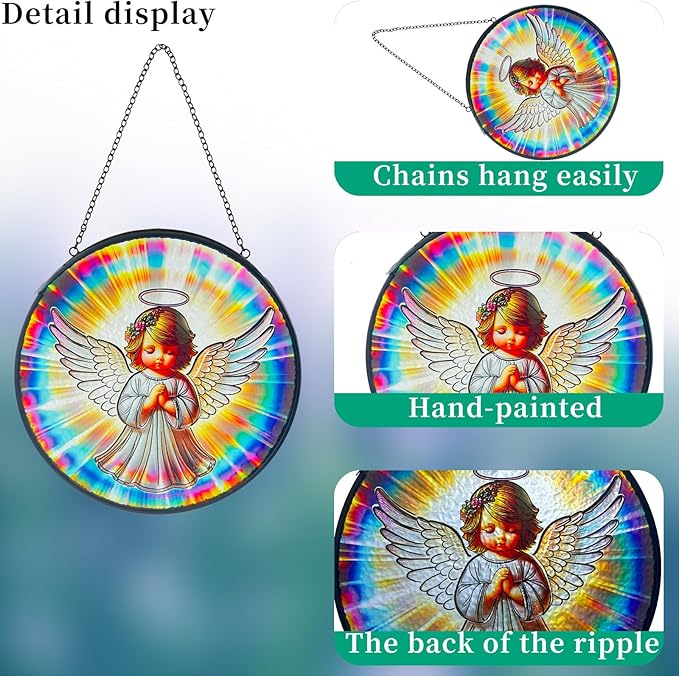 Praying Angel Decor Handmade Stained Glass Suncatcher - Rainbow Maker Stained Glass Suncatchers W/Metal Chain - Spiritual Angelic Gift for Women Christmas Thanksgiving Housewarming Gifts