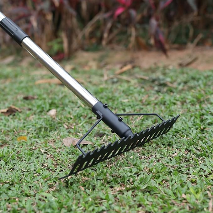 Bow Rake, Heavy Duty Garden Rake with Back-Saving Handle,17 Steel Tines Metal Head Rake Tool,for Loosening Soil Gathering Leaf Leveling Lawn Farming Land Management Yarn Thatch Rake