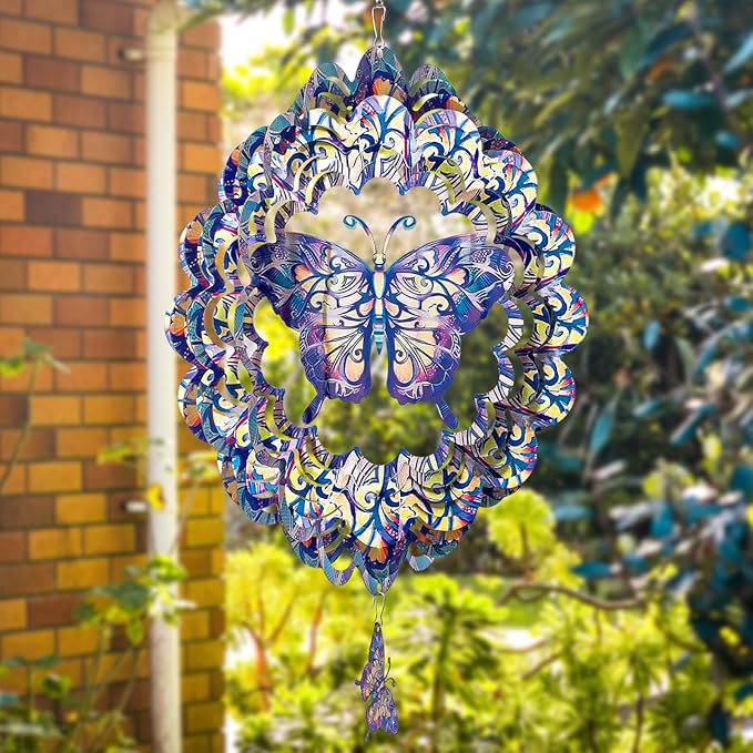 TUOKING Butterfly Wind Spinners Outdoor for Yard and Garden Decor 3D Hanging Wind Sculpture 12 Inch Stainless Steel Wind Spinner Decoration Worth Gift for Women
