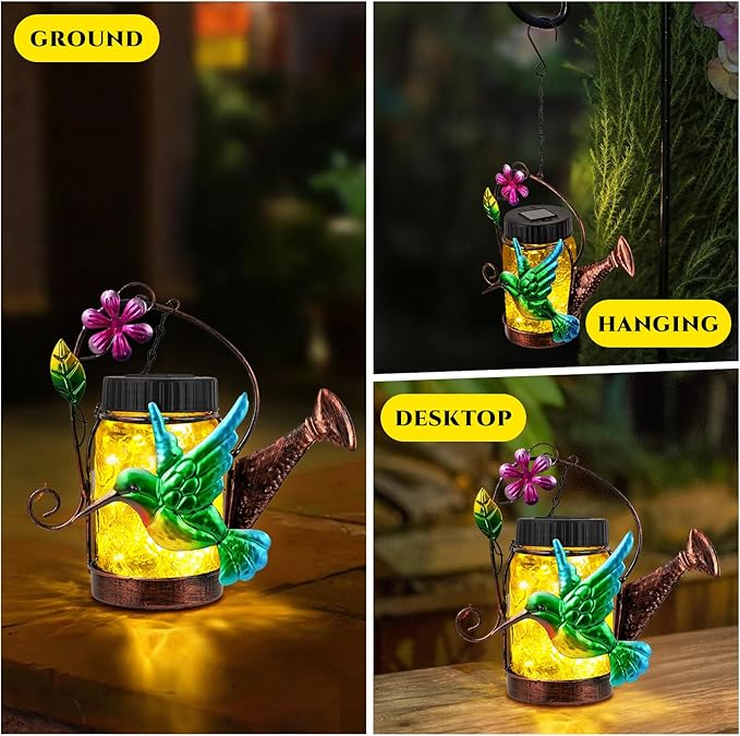 2 Pack Solar Lanterns Outdoor Waterproof Kettle Hanging Solar Lantern, Watering Jar Outdoor Solar Lanterns with Hummingbird Decor for Yard Garden Tree