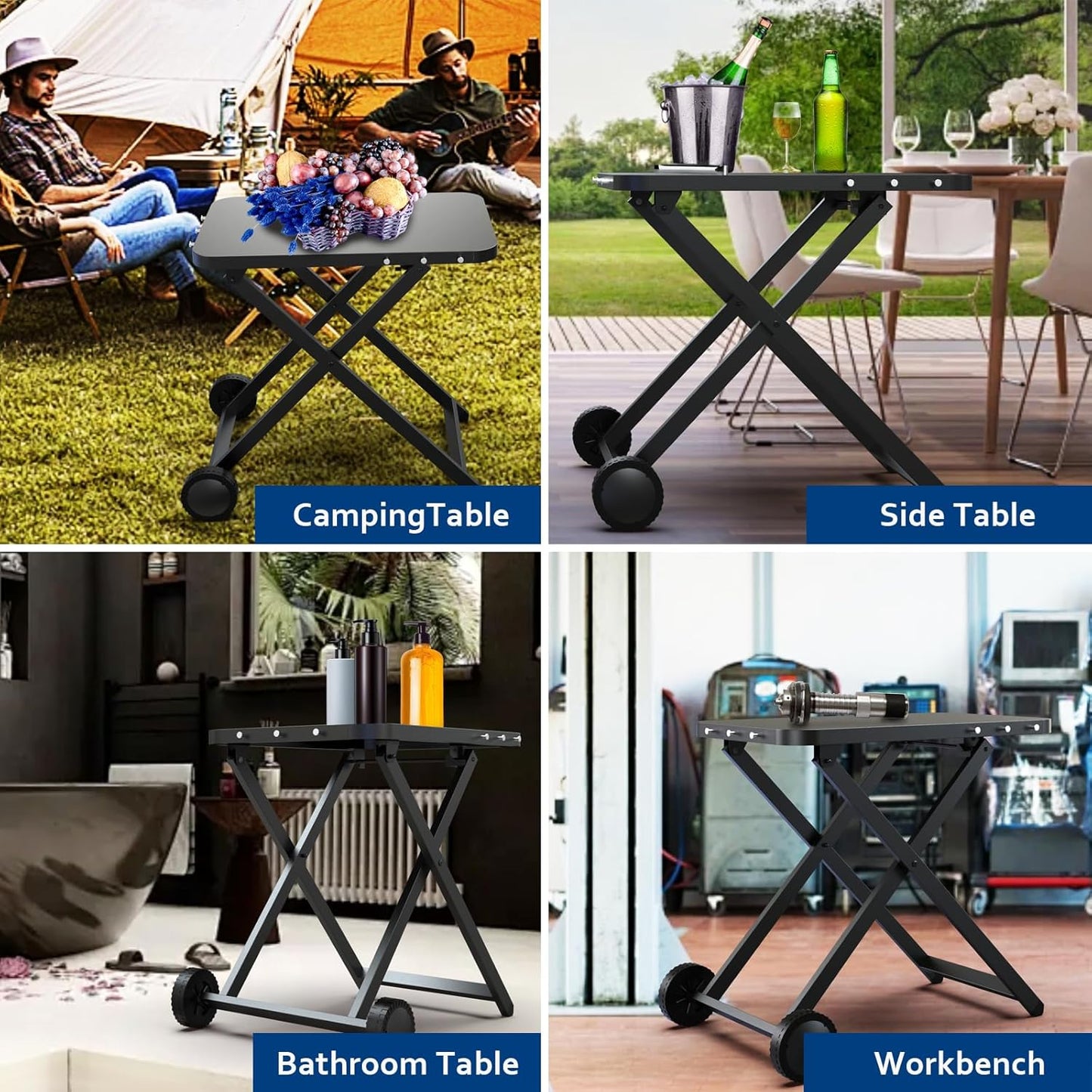 Portable Grill Table, Outdoor Prep Table with 2 Wheels, Pizza Oven Cart for Ninja Woodfire, Ninja Woodfire XL Pro, Weber Q, Ooni Table Top Grill, Folding Grill Cart for Picnic, Camping, RV
