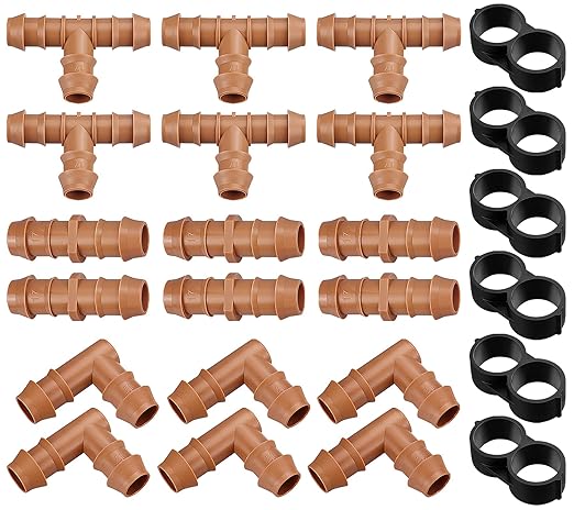 Drip Irrigation Fittings Kit for 1/2 inch Tube (0.600”ID), 24 Pieces Drip Irrigation Parts Set - 6 Tees, 6 Couplings, 6 Elbows, 6 End Caps, Drip Line Connectors for Drip Sprinkler Hose