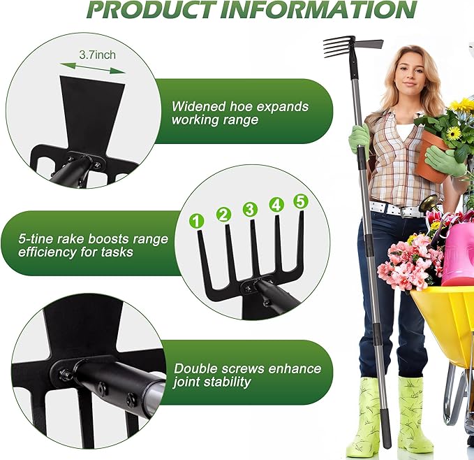 Walensee 2 in 1 Hoe Garden Tool, 63 Inch Garden Hoe Cultivator and 5-Tines Rake with 37-63 Inch Adjustable Long Handle, Weeding Tools Hand Tiller for Yard Lawn Flower Beds Planting Gardening Digging