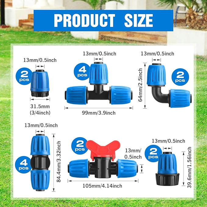 32 Pcs 1/2" Tubing Irrigation Fittings Kit 1/2" ID x 0.6-0.63" OD 16 mm Drip Irrigation Barbed Connectors 4 Switch Valves, 8 Tees, 8 Couplings, 4 Elbows, 4 Ends, 4 Adapters (Blue)