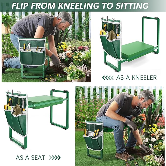 FLINTER 10.2" Wider Garden Kneeler and Seat, Heavy Duty Thick Gardening Bench for Kneeling and Seat - Garden Tools with Bags, Gardening for Women, Grandparents, Gardeners, Mom & Dad - Green