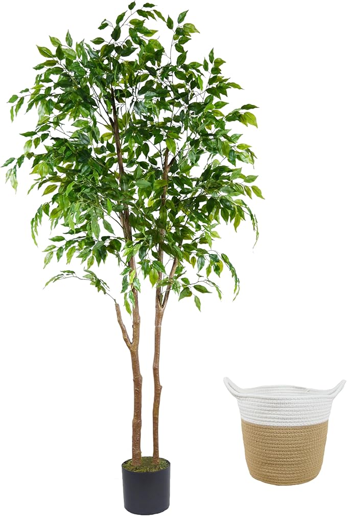 Artificial Ficus Tree, 6ft Tall Fake Ficus Tree with Basket, Faux Plant for Indoor Outdoor Home Livingroom Office Garden Porch Décor