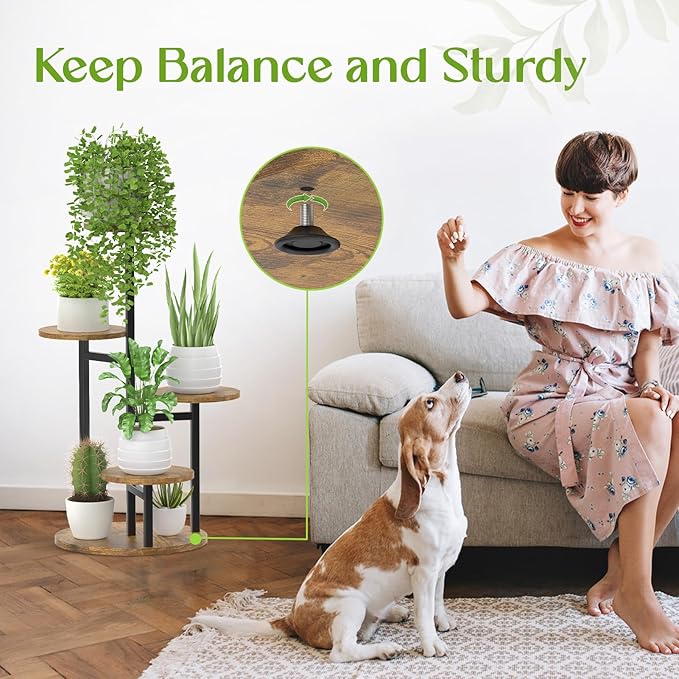 5 Tier Plant Stands Indoor Outdoor, Tiered Metal Wood Corner Plant Shelf for Multiple Plants, Tall Flower Stand Holder Display Rack for Living Room Balcony Garden Patio (Round)