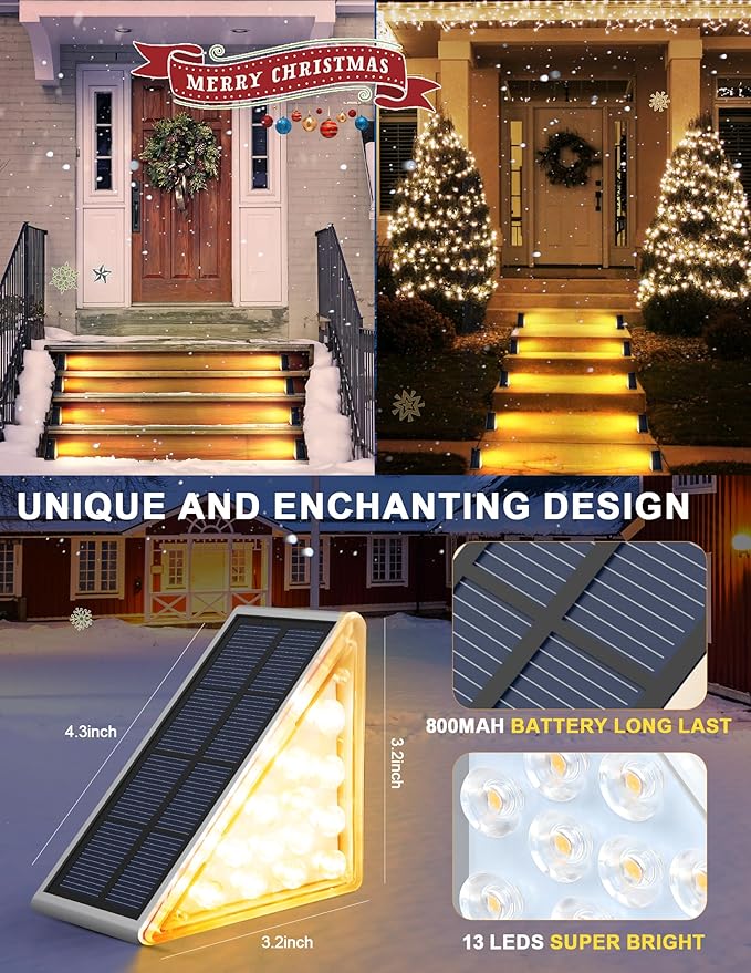 LED Solar Step Lights Waterproof Outdoor Stair Lights, Warm White Solar Deck Lights IP67 Solar Decoration Lights for Yard, Patio, Garden, Walkways, Front Door, Pathway, Driveway, Porch 12 Pack