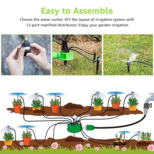 Bonviee 106.5FT Drip Irrigation Kit, Garden Watering System with 12-Port Irrigation Manifold, 1/2 inch Irrigation Tube and 1/4 inch Blank Distribution Tubing, Bed Patio, Lawn