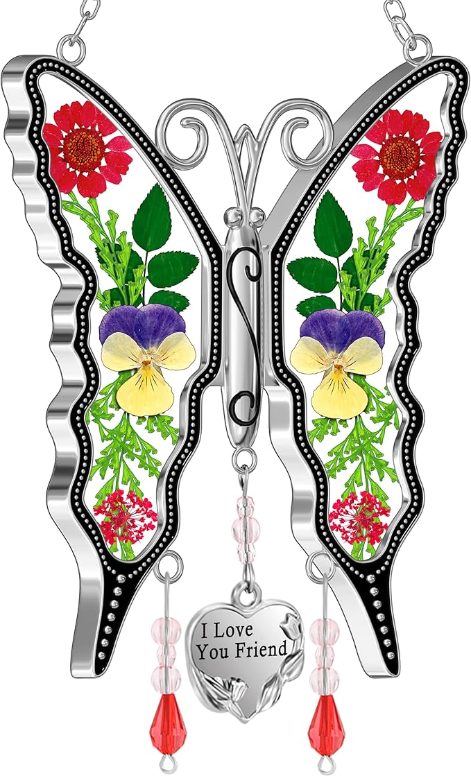 KY&BOSAM Butterfly Suncatcher I Love You Friend Gift Stain Glass Sun Catcher for Window Hanging Wind Chime with Pressed Flower Wings in Glass and Heart Charm Birthday Gift for Mother`s Day Christmas