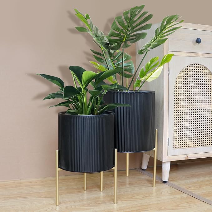 ARNIS Modern Plant Pots, Set of 2 Round Large Planters with Stand, Large Size Metal Pots with Drainage Holes for Living Room, Office, Garden or Balcony, 10.5 &12.25 Inch, Black & Gold