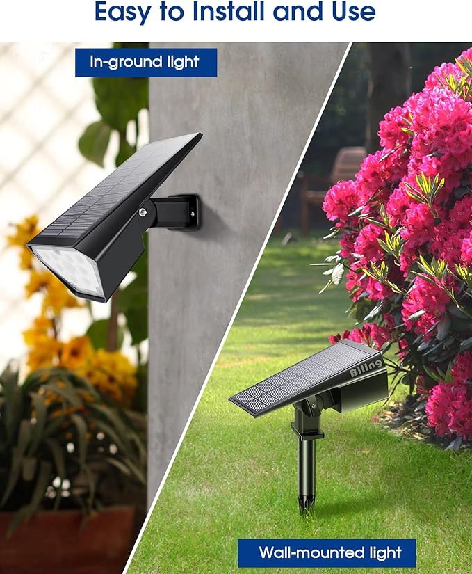 Biling Solar Spot Lights Outdoor, 2-in-1 Solar Landscape Lights 12 LED Bulbs Solar Powered Lights IP67 Waterproof Adjustable Wall Light for Patio Pathway Yard Garden Driveway Pool