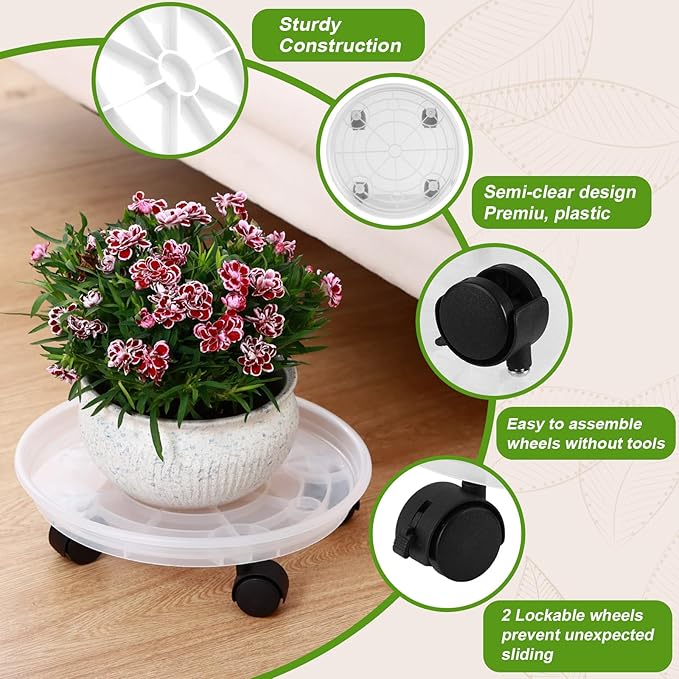 8 Packs Plant Caddy with Wheels 11.8" Plastic Rolling Plant Stands Heavy-Duty Plant Dolly with Casters Indoor Outdoor Wheeled Plant Roller Base Large Planter Saucers Plant Mover