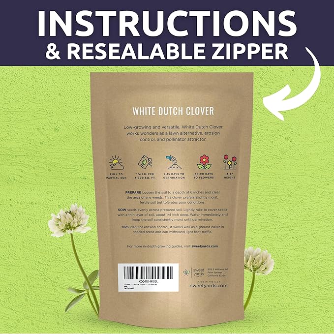 White Dutch Clover - Bulk 1/4 Pound Pouch - 150,000 Flower Seeds for Planting - Trifolium repens
